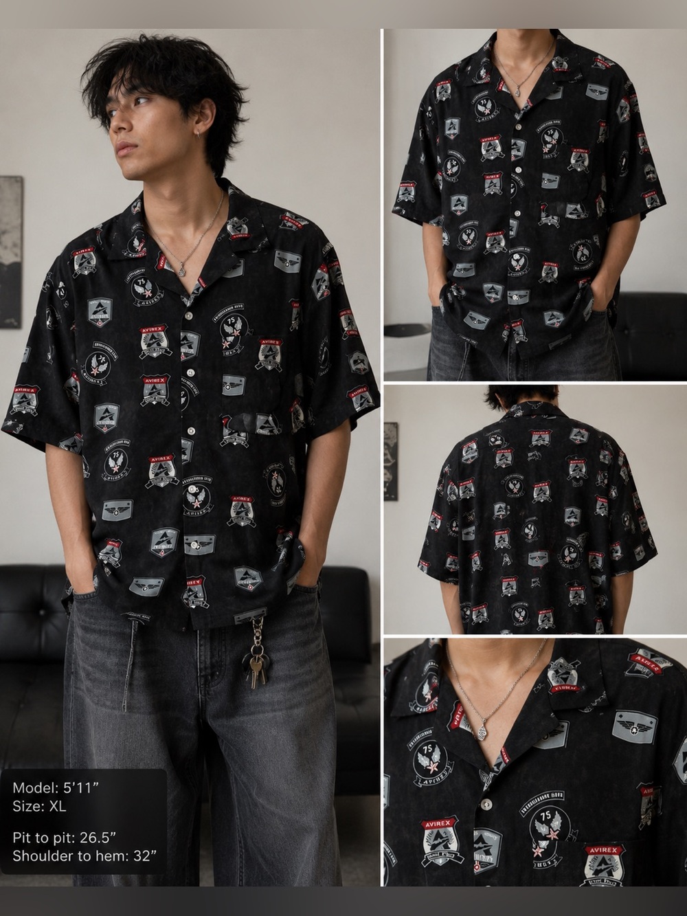 Avirex Aviation Patch Print Button Up Shirt Men’s XL Black Oversized Y2K Boxy